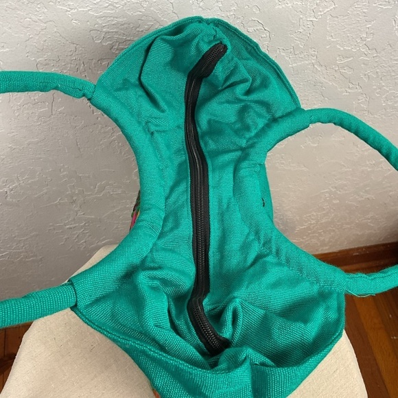 Mexican Colorful Embroidered Floral Jewel Toned Green Zip Up Bag Boho Resort - Picture 5 of 8